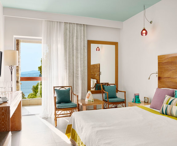 Eagles Palace Resort Chalkidiki Superior bedroom with sea view and tv