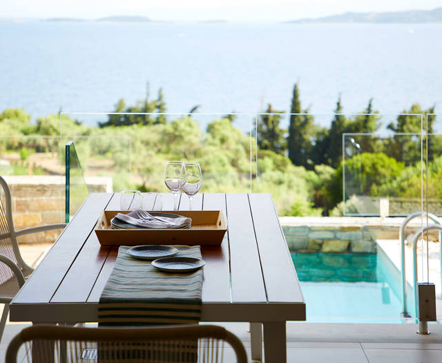 Eagles Villas Chalkidiki Residential Two Bedroom Pool Villa terrace with dining area